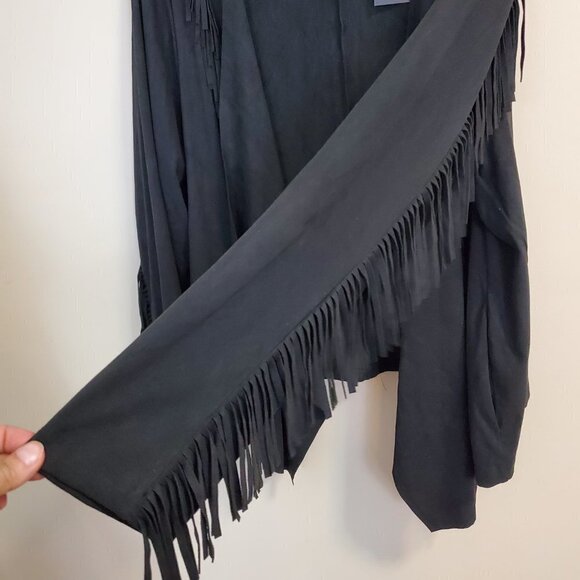 NEW Colleen Lopez Faux Suede Fringe Sleeves Open Front Jacket Waterfall Front M - Picture 4 of 9